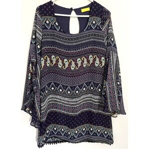 Dee Elle Dress/Tunic Womens S Blue/Purple Boho Paisley Bell Sleeve Crochet Trim